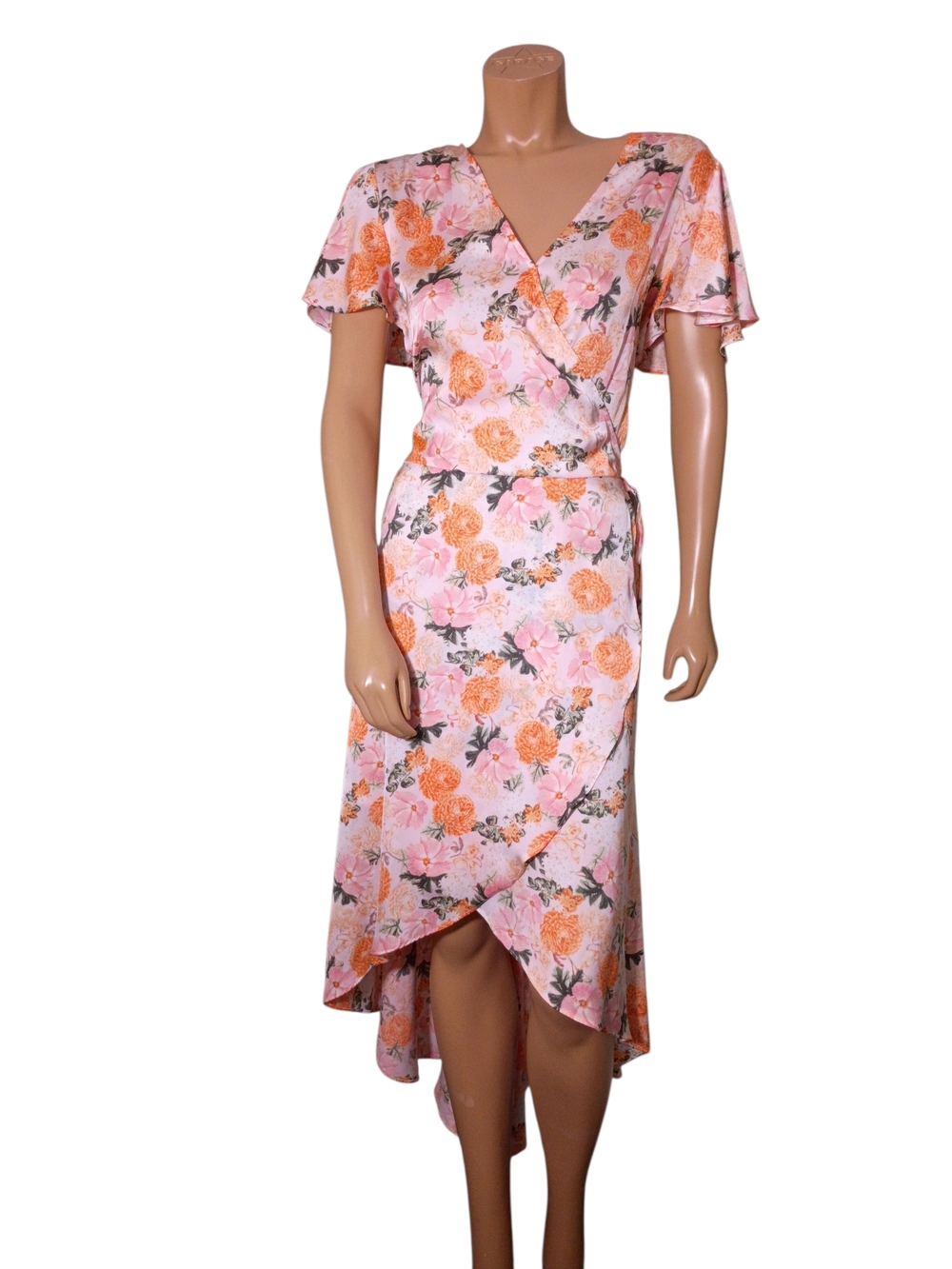 belle sky Pink and Orange Floral High-Low Wrap Dress